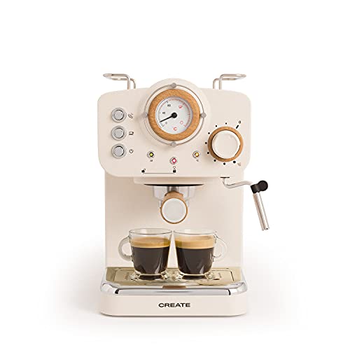 CREATE / THERA MATT RETRO/Cafetera Express Blanco Mate y Madera/Café molido y monodosis ESE, Cafetera semiautomática con una bomba de presión de 15 bares y 1100W de potencia, acabado mate