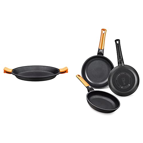 BRA Paellera, Negro, 36 cm + Efficient Orange Set De 3 Sartenes, Aluminio, Negro, 20-24-28 cm [Amazon Exclusive]