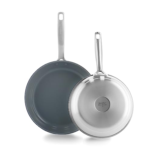 GreenPan Treviso 24cm & 28cm Sartén Cerámica Antiadherente, Acero Inoxidable, Libre de PFAS, Apta para Inducción, Horno y Lavavajillas, Gris