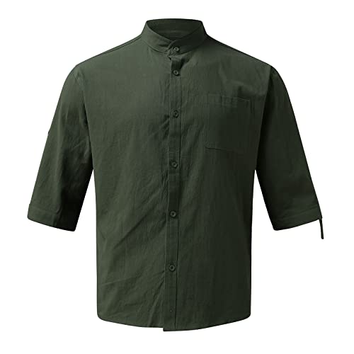 Hombres Primavera Verano Ollas Camisa Sólido Color Cuello Alto Casual Solo Bushed Medio Slemit Algodón y Camisas Marca para Hombres, verde militar, XXXXXL