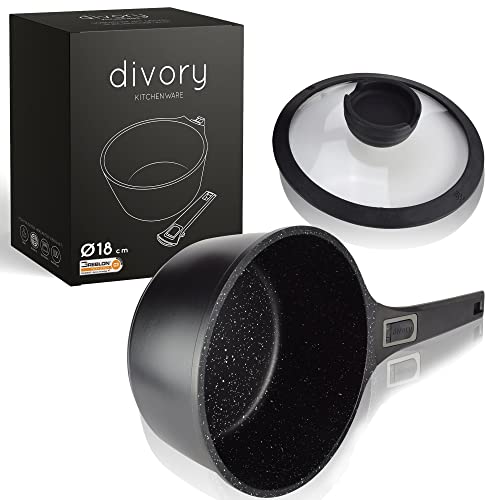 DIVORY Casserole 18cm - 2L avec couvercle - petit pot à lait enduit, poignée amovible, compatible avec l'induction, le lave-vaisselle et le four