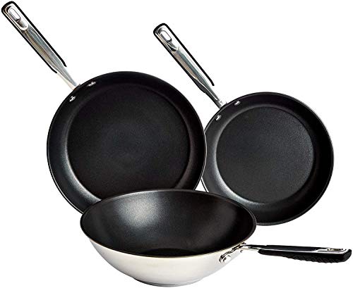 Amazon Basics Juego de Utensilios de Cocina de Inducción Sartenes y Wok, Antiadherentes, Acero Inoxidable, 24/28/28 cm, 3 Unidad, Plata