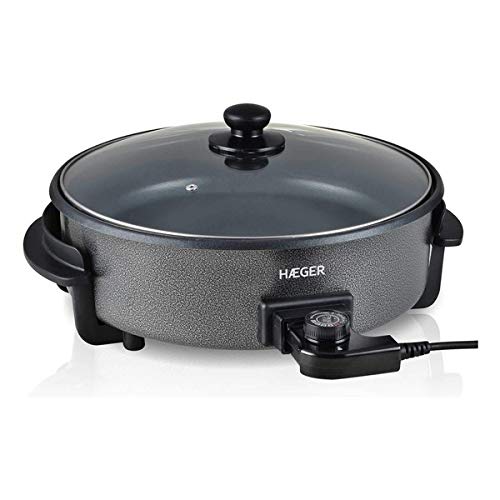 HAEGER Top Gourmet 36 - Paellera, Sartén Eléctrica para Paella y Pizza, Cazuela Multiusos con Tapa de Vidrio, 5 Niveles con termostato y Antiadherente (1500W)