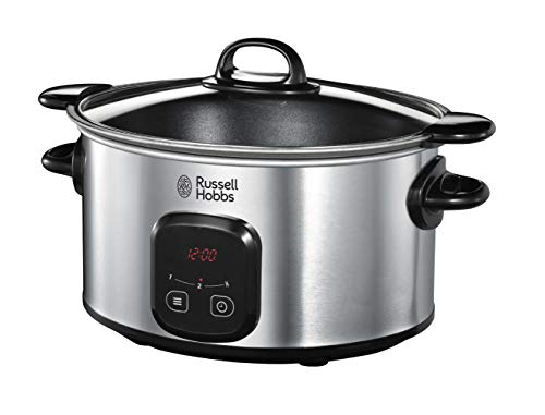 Russell Hobbs Olla de Cocción Lenta Maxicook - Capacidad 6 L, 8 Raciones, 3 Temperaturas, Temporizador Digital, Cazuela de Aluminio, Revestimiento Antiadherente, Tapa de Cristal, Plata - 22750-56