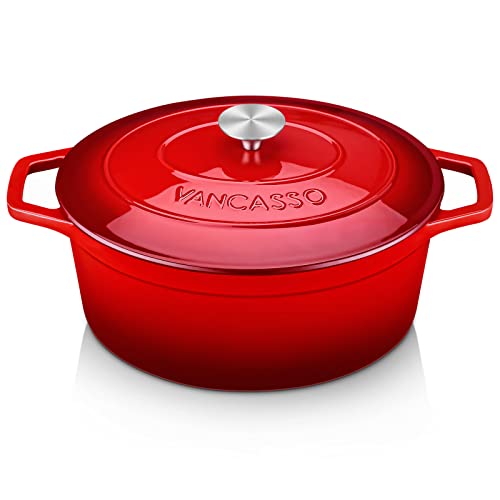 vancasso Ollas de Hierro Fundido Esmaltado, 6L 30 cm Horno Holandés Cacerola de Hierro Fundido Ovaladas con Tapa para Cocina Estofado, Paella, Ollas de Gran Capacidad - Rojo