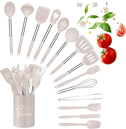 Raincol Juego de utensilios de cocina, 15 piezas de silicona resistente al calor, antiadherente, sin BPA, mango de acero inoxidable, espátula, cuchara, pinzas, batidor de utensilios de cocina (caqui)