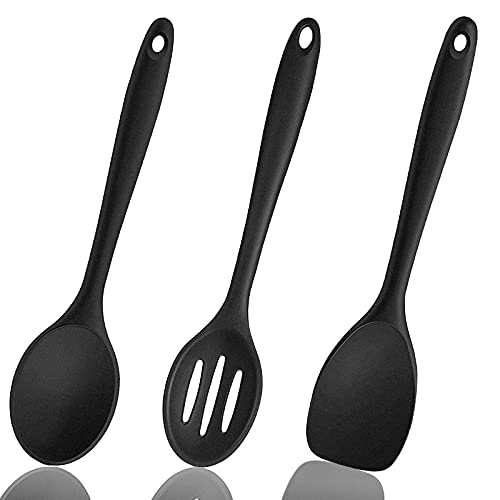 TOFFCAEA Juego de 3 cucharas de silicona, juego de espátulas de silicona, cucharas de cocina, juego de cucharas de silicona, cucharas de silicona (negro)