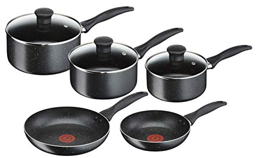 Tefal Batería de Cocina de Aluminio Bistro, Aluminio, Negro, 20 & 24CM Frying Pans, 16 & 18 & 20CM Saucepans with Lids