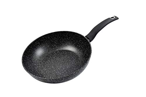 Magefesa Roka wok 28 cm de aluminio forjado bicapa efecto piedra, color exterior efecto piedra. Full induction. Mango soft touch negro.