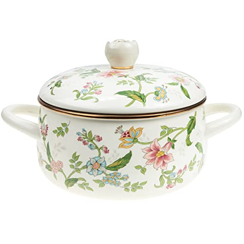 Vaguelly Olla esmaltada con tapa, cazuela de 2 litros - 7 pulgadas pequeña olla para asar, olla esmaltada, olla de verduras, flores retro