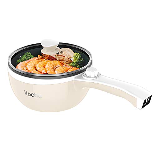 Vocha Mini Olla Eléctrica, Sarten Antiadherente Electrica Multifunción Con Tapa, Calefacción rápida, 20cm Diámetro, 1.5 L, Hot Pot Fondue Eléctrica Portátil para Hogar/Estudio/Viajes (Beige)