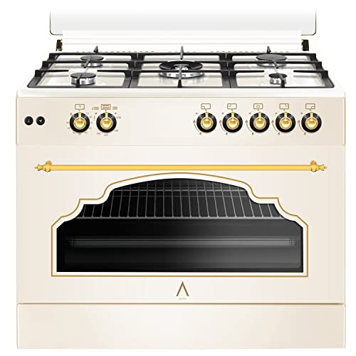 ALPHA Cocina de Gas VULCANO CREAM-90 Rustica. Encendido automático y temporizador en horno. **Alta Gama**