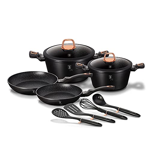 Berlinger Haus Black Rose Batería Cocina Inducción 10 Piezas, Antiadherente Mármol sin PFOA, Aluminio, Set 2 Cazuelas, 2 Tapas Cristal, 2 Sartenes, 4 Utensilios, Diseño Moderno, Vitrocerámica, Gas