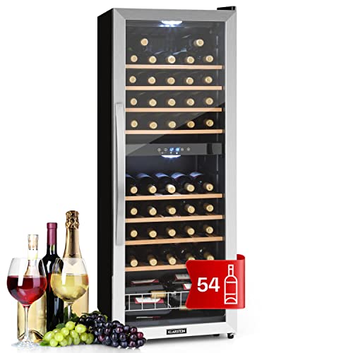 Klarstein Vinoteca 54 Botellas, Nevera Vinos de Dos Zonas Refrigeración, Nevera Expositora Vino y Cerveza, Vinoteca Interior y Exterior con Puerta de Cristal, Nevera Vino con Protección UV, 5-18°C