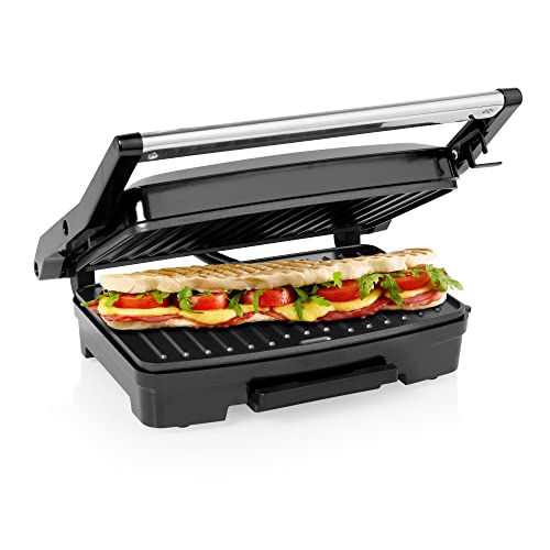 Princess 117501 Parrilla con superficie de 23 x 15 cm, bandeja recoge grasa extraíble, tapa flotante con cierre de seguridad, recubrimiento antiadherente, base antideslizante, 750 W