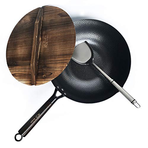 Souped Up Recipes Wok de acero al carbono para estufas eléctricas, de inducción y de gas (tapa, espátula y guía de usuario (idioma español no garantizado)