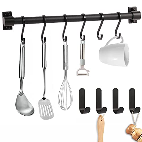 HOTSAN Colgador Utensilios Cocina, Estante para Utensilios de Cocina con 6 Ganchos móviles, riel para Gancho de Cocina sin perforación, Adecuado para Cocina, baño y Dormitorio (Negro)