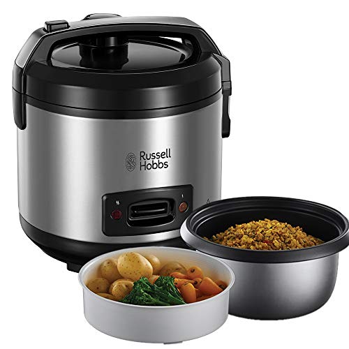 Russell Hobbs Arrocera y Vaporera - 8 Raciones, Bandeja para Cocinar al Vapor, Función Mantener el Calor, Recipiente Antiadherente, Vaso y Cuchara Medidora, Tapa de Bloqueo, 500 W - 27080-56