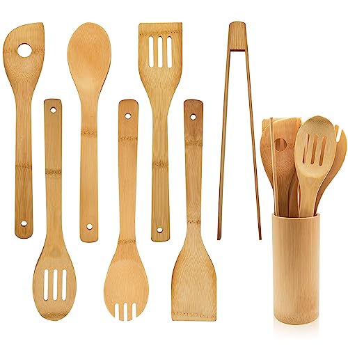 Gaoonala - Juego de 8 utensilios de cocina de bambú, juego de cucharas de cocina de madera con cuchara de cocina, cuchara para mezclar, espátula, paleta perforada, cuchara de tenedor, cuchara de sopa,
