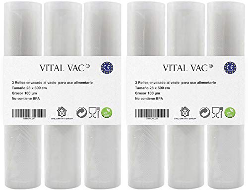 VITAL VAC 6 Rollos Vacío Alimentos 28cm x 500cm | Para Envasadora al Vacío Doméstica | Compatibles con Silvercrest, Foodsaver, Jata, Cecotec.