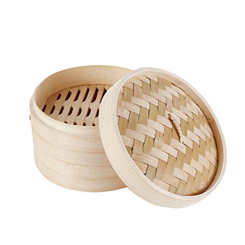 HANHAN Vaporera de bambú natural, cesta de cocción a vapor con 2 niveles con tapa, ideal para raviolis, verduras y tamaño sum (21 cm)