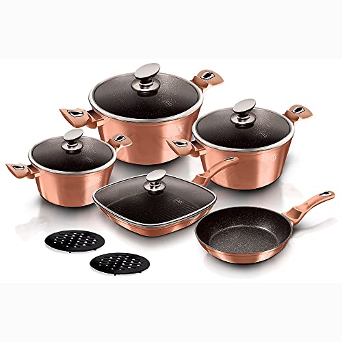 B BERLINGER HAUS BERLINGERHAUS PROFESSIONAL PRECISION Rose Gold Batería Cocina Inducción, Antiadherente Mármol sin PFOA, Set 3 Cazuelas, 4 Tapas Cristal, 1 Grill, 1 Sartén, 2 Salva Manteles, Oro Rosa