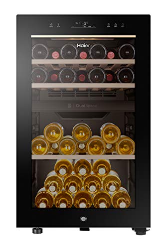 Haier HWS42GDAU1 Series 7 - Nevera de vino, 42 botellas, conectividad Wi-Fi, luces LED y cristal anti UV, estantes de madera, 49,7 x 58,5 x 82 cm, color negro