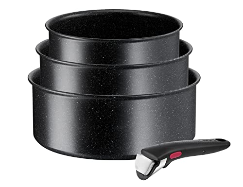 Tefal L39996 Ingenio Black Stone - Juego de 4 cazuelas (apilables, antiadherentes, apto para inducción, indicador de temperatura de señal térmica, color negro