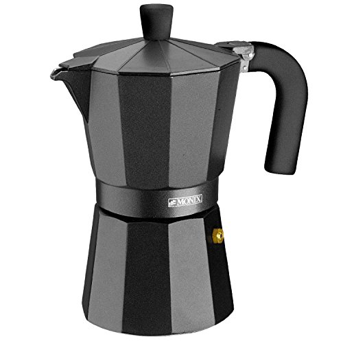 Monix Vitro Noir – Cafetera Italiana de aluminio, capacidad 6 tazas, apta para todo tipo de cocinas salvo inducción, Color Negro, 18 x 15 x 12.5 cm