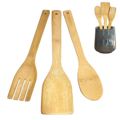 World Trade Juego de utensilios de cocina de madera de bambú - Kit de 3 accesorios de cocina antiarañazos (pala para cocina, cuchara de madera, cuchara) - Utensilios de cocina de bambú natural