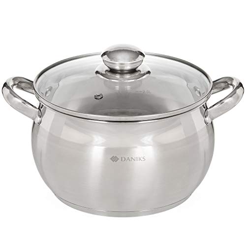 Daniks Classic Olla de Acero Inoxidable con Tapa de Vidrio | Olla Inducción | Escala de medición | Mangos a Prueba de Calor | 3L, Ø 18 cm | Plata