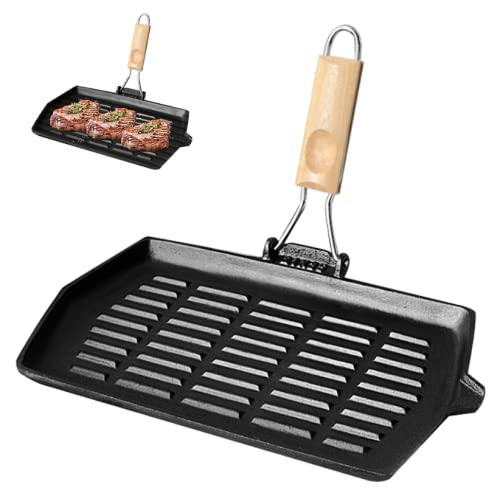 Tongboke Sarten Grill Mango de Madera Plegable, Sarten Plancha Hierro Fundido 20x30cm con Rayas, para Parrilla Grill, Estufas de Gas, Cocina de Induccióna