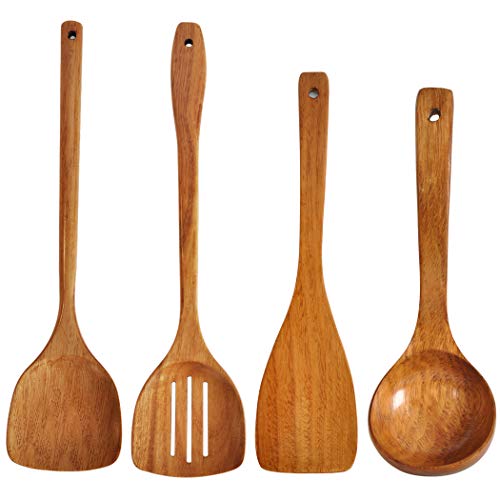 Espátula de madera, espátulas ranuradas, cucharón de mango largo, utensilios de cocina hechos a mano (juego de 4 unidades)