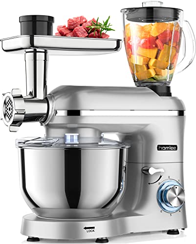 Homlee 3 In 1 Robot De Cocina con Picadora De Carne y Batidora, 1800W Amasadora Multifunción, 5.5L Cuenco De Acero Inoxidable,1.5L Exprimidor De zumo, 6 Niveles De Velocidad