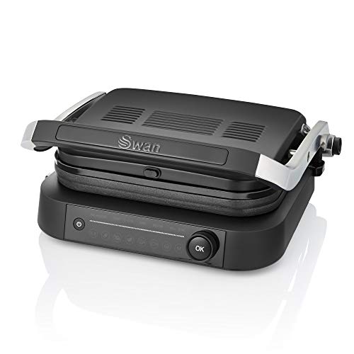 Swan Stealth SP22140BLKN Smart Grill Parrilla Digital, Tapa Basculante, Apertura 180º, 6 Modos de Cocción, Indicador del Progreso, Sensor de Grosor, Placas Antiadherentes Extraíbles, Negro Mate, 2100W