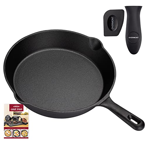 Overmont Pre-sazonado Sartén Ollas de Hierro Fundido para Freír, Utensilios de Cocina Seguros para Estufa, Barbacoa, Fogata, diámetro 24 cm, Negro