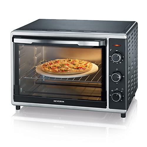 SEVERIN Horno tostador con función de convección, mini horno tostador con grill y bandeja, horno pequeño con piedra para pizza y asador giratorio, 1800 W, 42 L, negro, TO 2058