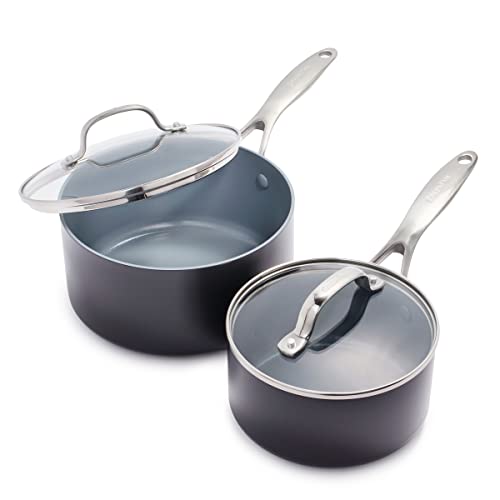 GreenPan Valencia Pro Juego de cacerolas de 16 cm y 20 cm con antiadherente cerámico saludable anodizado duro, 2 piezas, sin PFAS, inducción, apto para lavavajillas, apto para horno, gris