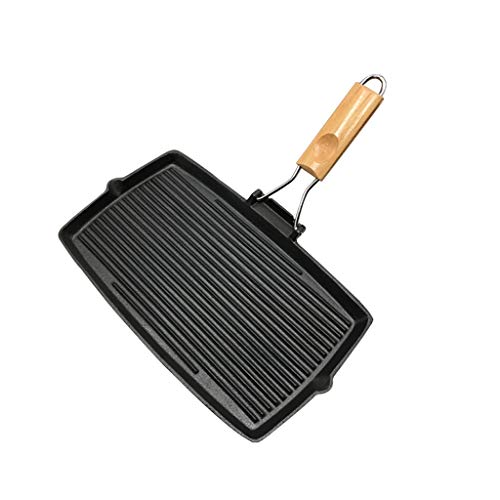 OQHAIR ollas y sartenes de cocina Parrilla rectangular de hierro fundido con asa plegable, sartén antiadherente InductionSafe con asa plegable, sartén negra