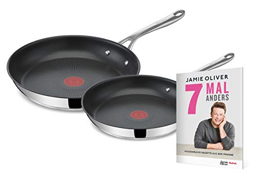 Tefal Jamie Oliver Cook's Direct E304S2.JO7,Juego de 2 sartenes (24.28 cm, aptas para inducción, aptas para lavavajillas, señal térmica, con libro de recetas exclusivo Jamie Oliver, acero inoxidable)