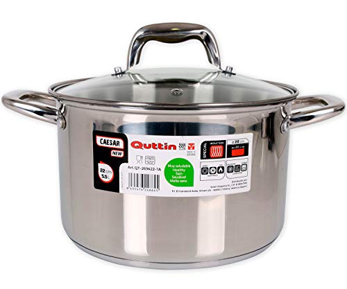 Quttin New Caesar - Olla Profesional Induccion, Cocina y Horno, Cacerola Mediana, Acero Inoxidable Antiadherente, Tapa Cristal y Asas, 22 cm/3 L