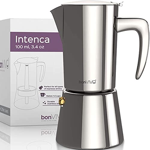 bonVIVO Cafetera Italiana - Moka Grande Profesional en Acero Inoxidable para Cafe Espresso - Cocina a Induccion, Electrica, a Gas y Vitroceramica