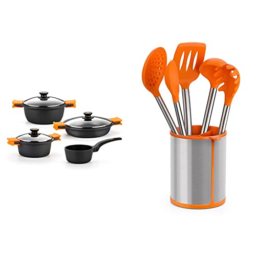 BRA Efficient - Batería 4 piezas, de aluminio fundido con antiadherente + Conjunto De 5 Utensilios De Cocina Y Carrusel, Acero INOX, Nailon y Silicona, Naranja, 14.5 x 15 x 37.5 cm