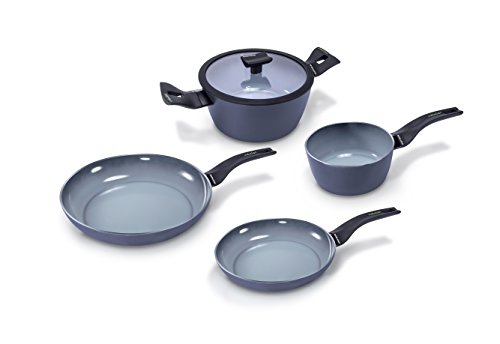 Moneta 0014126573 Aria Finegres Set de 5 Cazuelas y Sartenes de Inducción, Revestimiento Natural Antiadherente, Aptas para el Lavavajillas, Batería de Cocina de 5 Piezas, Aluminio, Gris