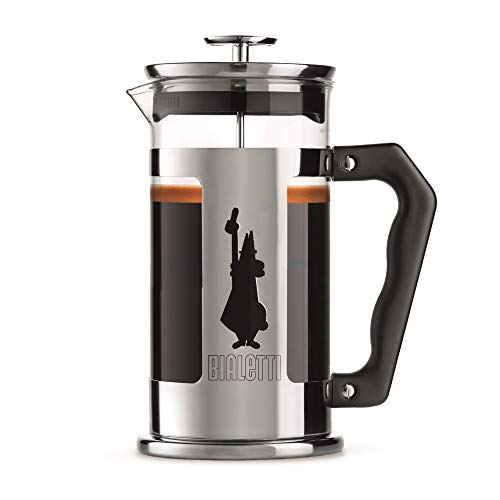 Prensa de café Bialetti Preziosa, filtro de prensa francesa para café o té, cuerpo de acero inoxidable y recipiente de vidrio de borosilicato, apto para lavavajillas, 1 litro, 8 tazas