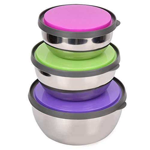 Set de 3 Bol Acero Inoxidable, Bol Cocina con hermetica tapa sellada y Base de Silicona, Ahorra Espacio Bol Ensalada, Apilable Cuencos Metalico para Comida y Ensalada