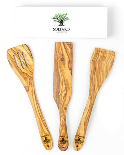 SOLTAKO Utensilios de cocina de madera de olivo, juego de 3 espátulas de cocina de madera antiadherentes, resistentes al calor, accesorios de cocina, aprox. 30 cm