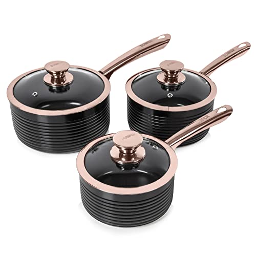 Tower Rose Gold T800001RB Set de Ollas – 3 x Ollas de Cocina de Diseño Linear y Oro Rosa – Ollas para Inducción con Superficie Antiadherente – Juego de Ollas con Tapa, 16, 18, 20cm – Negro y Oro Rosa