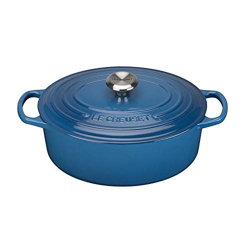 LE CREUSET Evolution Cocotte con Tapa, Ovalada, Todas Las Fuentes de Calor Incl. inducción, 6,3 l, Hierro Fundido, Azul(Marseille), 31 cm