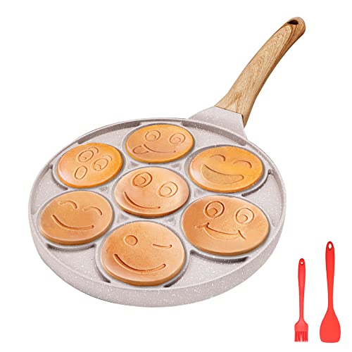 Bobikuke Sarten para Tortitas de Induccion, Molde Tortitas Smiley Antiadherente 7 Agujeros Sartén para Crepés de Desayuno para Niños 26 cm - Blanco